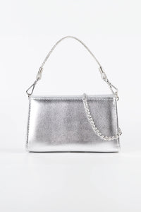 Stella Silver Metallic & Glitter Clutch. Italian vegan leather with 2 interchangeable straps: silver chain and glitter handle. Made in Italy.